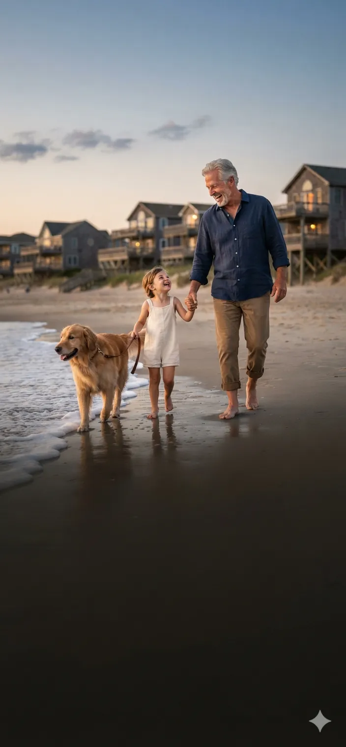 A grandfather and granddaughter hold hands while walking a golden retriever along the beach at dusk, with Outer Banks homes in the background